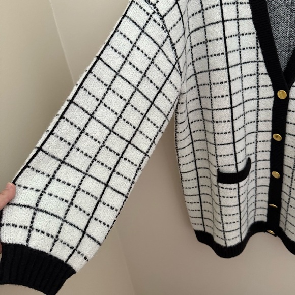 NEW Express Wool Blend Oversized Chunky Windowpane Contrast Cardigan Sweater - Picture 6 of 8